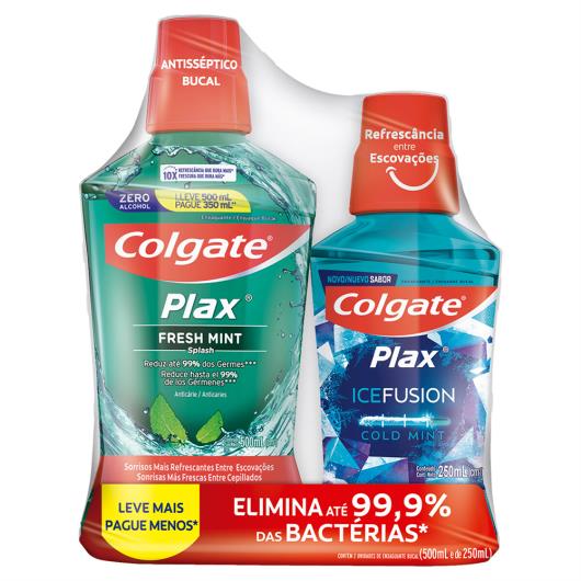 Kit Enxaguante Bucal Anticárie Zero Álcool Fresh Mint Leve 500ml Pague 350ml + Cold Mint Ice Fusion 250ml Colgate Plax - Imagem em destaque