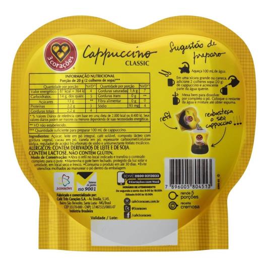 Cappuccino 3 Corações Classic Solúvel Refil 100G - Imagem em destaque