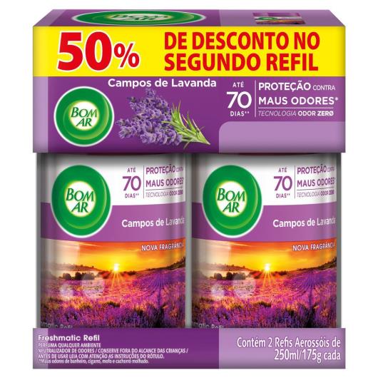 Pack Neutralizador de Odores Campos de Lavanda Freshmatic Bom Ar Frasco 2 Unidades 250ml Cada Grátis 50% de Desconto no Segundo Refil - Imagem em destaque