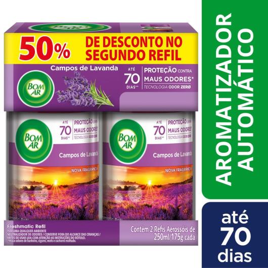 Pack Neutralizador de Odores Campos de Lavanda Freshmatic Bom Ar Frasco 2 Unidades 250ml Cada Grátis 50% de Desconto no Segundo Refil - Imagem em destaque