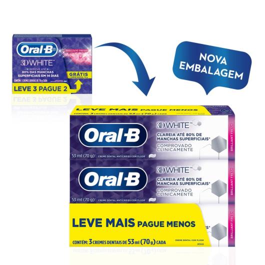 Creme dental Oral B 3d white 3x70g leve 3 pague 2 - Imagem em destaque