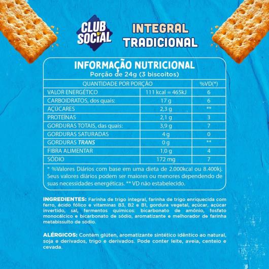 Pack Biscoito Integral Tradicional Club Social Pacote 144g 6 Unidades - Imagem em destaque