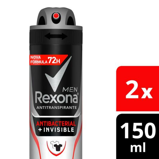 Desodorante Antitranspirante Aerosol Masculino Rexona Antibacterial + Invisible 72 horas 2 x 150ML - Imagem em destaque