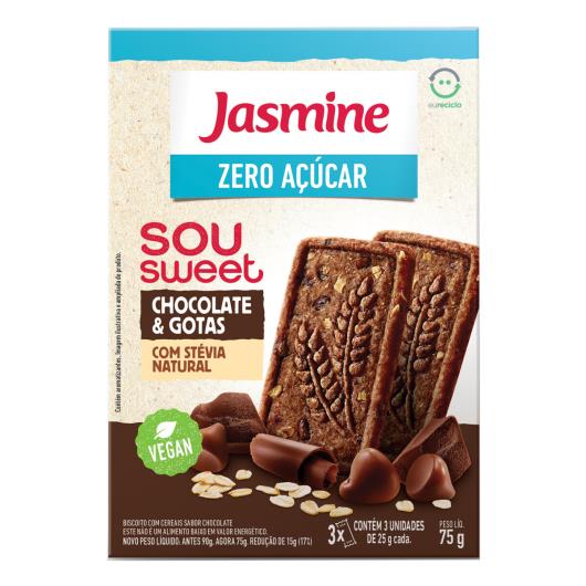 Biscoito Vegano Chocolate & Gotas Zero Açúcar Jasmine Sou Sweet Caixa 75g - Imagem em destaque