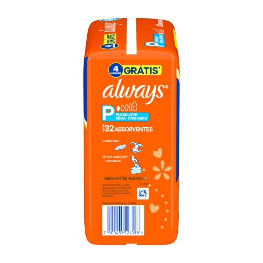 Absorvente Always Cobertura Seca com Abas Fluxo Leve P Pacote 32 Unidades Grátis 4 Unidades - Imagem em destaque