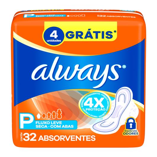 Absorvente Always Cobertura Seca com Abas Fluxo Leve P Pacote 32 Unidades Grátis 4 Unidades - Imagem em destaque