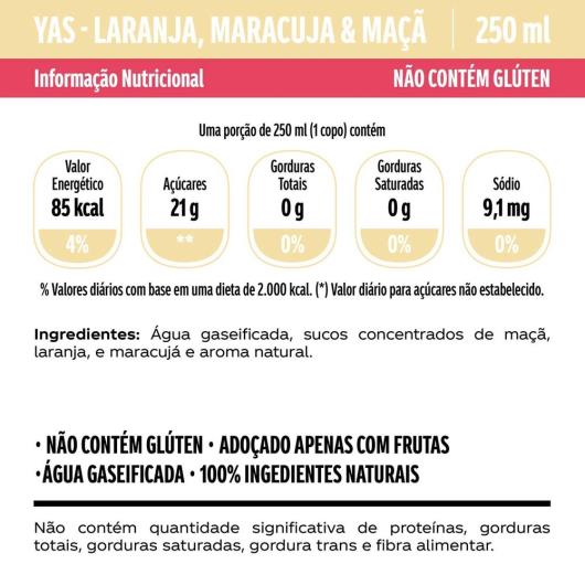 Yas Laranja Maracujá Maçã e Gás Vidro 250ML - Imagem em destaque