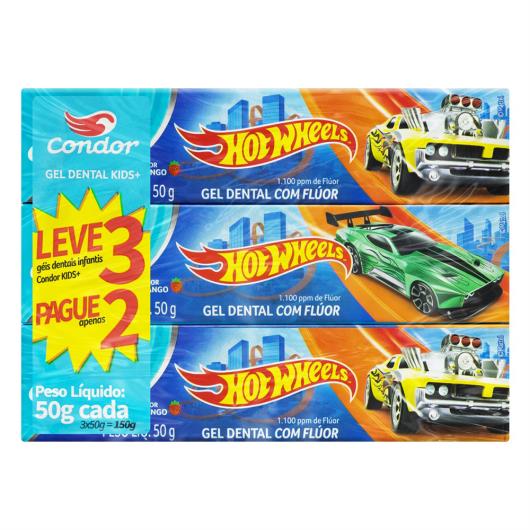 Pack Gel Dental Infantil com Flúor Morango Hot Wheels Condor Kids+ Caixa 50g Cada Leve 3 Pague 2 Unidades - Imagem em destaque