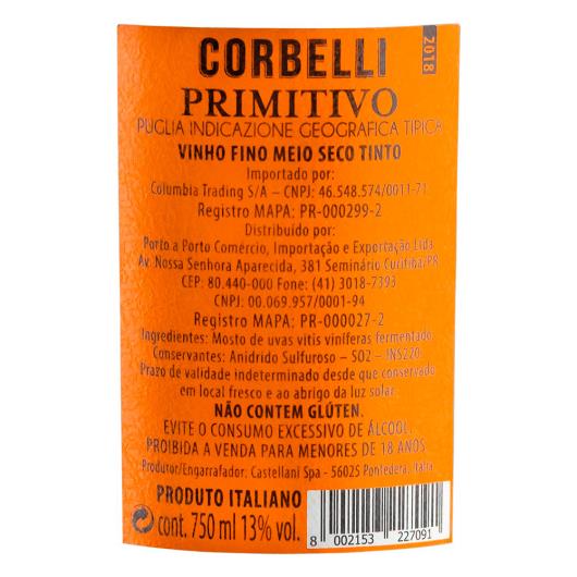 Vinho italiano tinto Primitivo Corbelli 750ml - Imagem em destaque