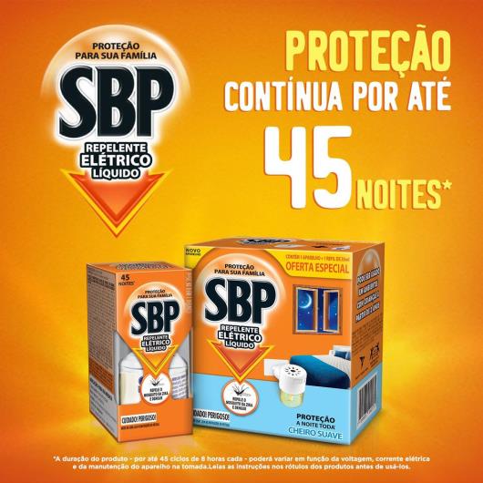 Repelente Elétrico Líquido SBP 45 Noites Cheiro Suave Novo Aparelho + Refil - Imagem em destaque