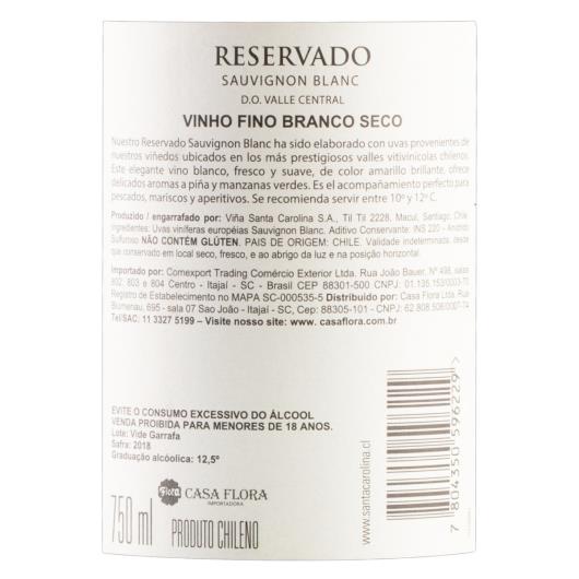 Vinho Chileno Branco Seco Reservado Santa Carolina Sauvignon Blanc Valle Central Garrafa 750ml - Imagem em destaque