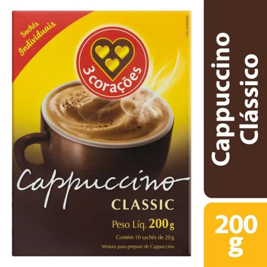 Cappuccino 3 Corações Classic Solúvel Sachê 20G Com 10 Unidades - Imagem em destaque
