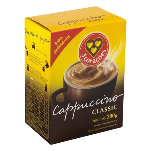 Cappuccino 3 Corações Classic Solúvel Sachê 20G Com 10 Unidades - Imagem em destaque